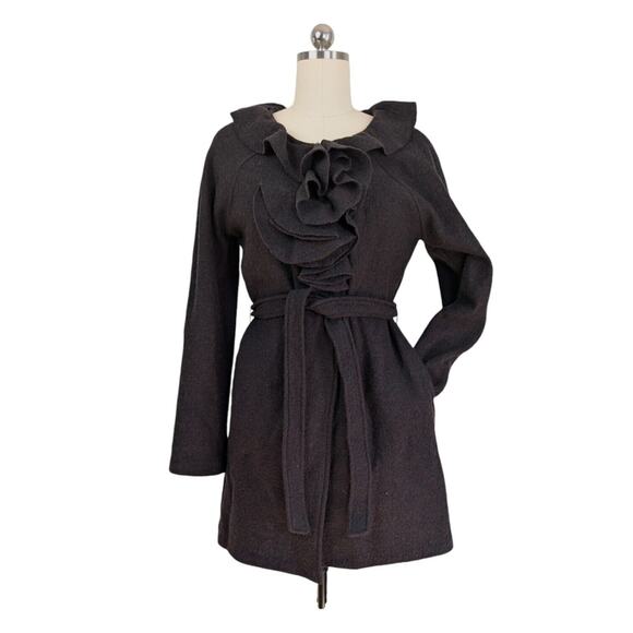 Cynthia Rowley Boilled Wool Cardigan Jacket Duster Ruffle Whimsigoth Brown L